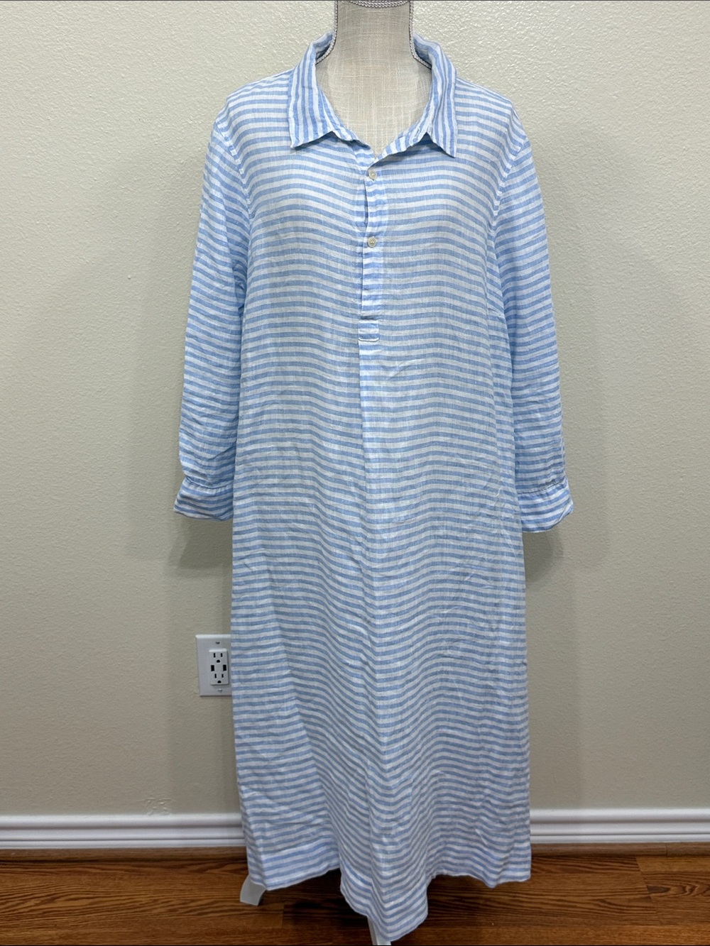 CP SHADES Linen Shirt Dress Rumer Midi Striped Blue & White Size XL